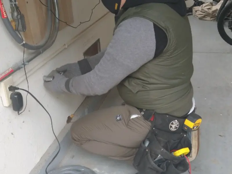 Electrician performing outlet wiring in a Delhi garage